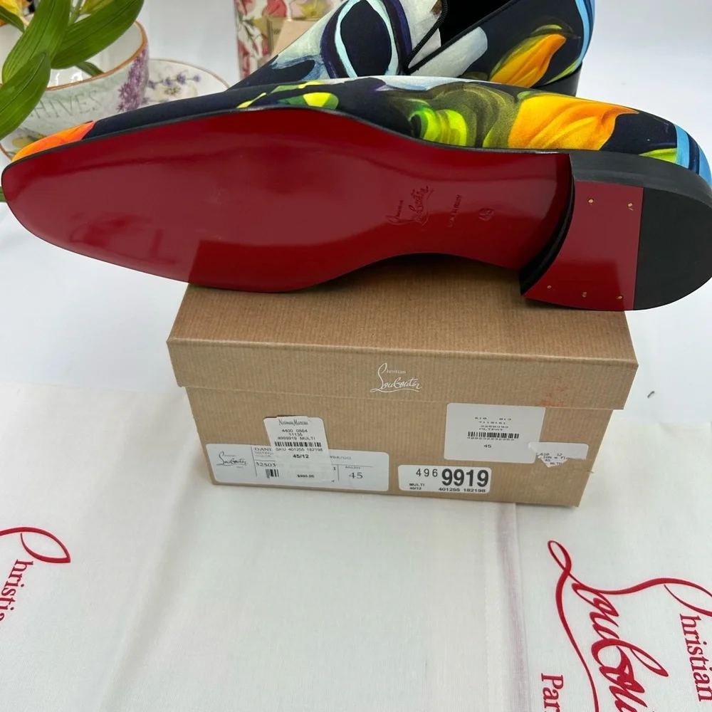 Men's Christian Louboutin, dandy, chick floral satin loafers size 45 made Italy - Picture 8 of 13